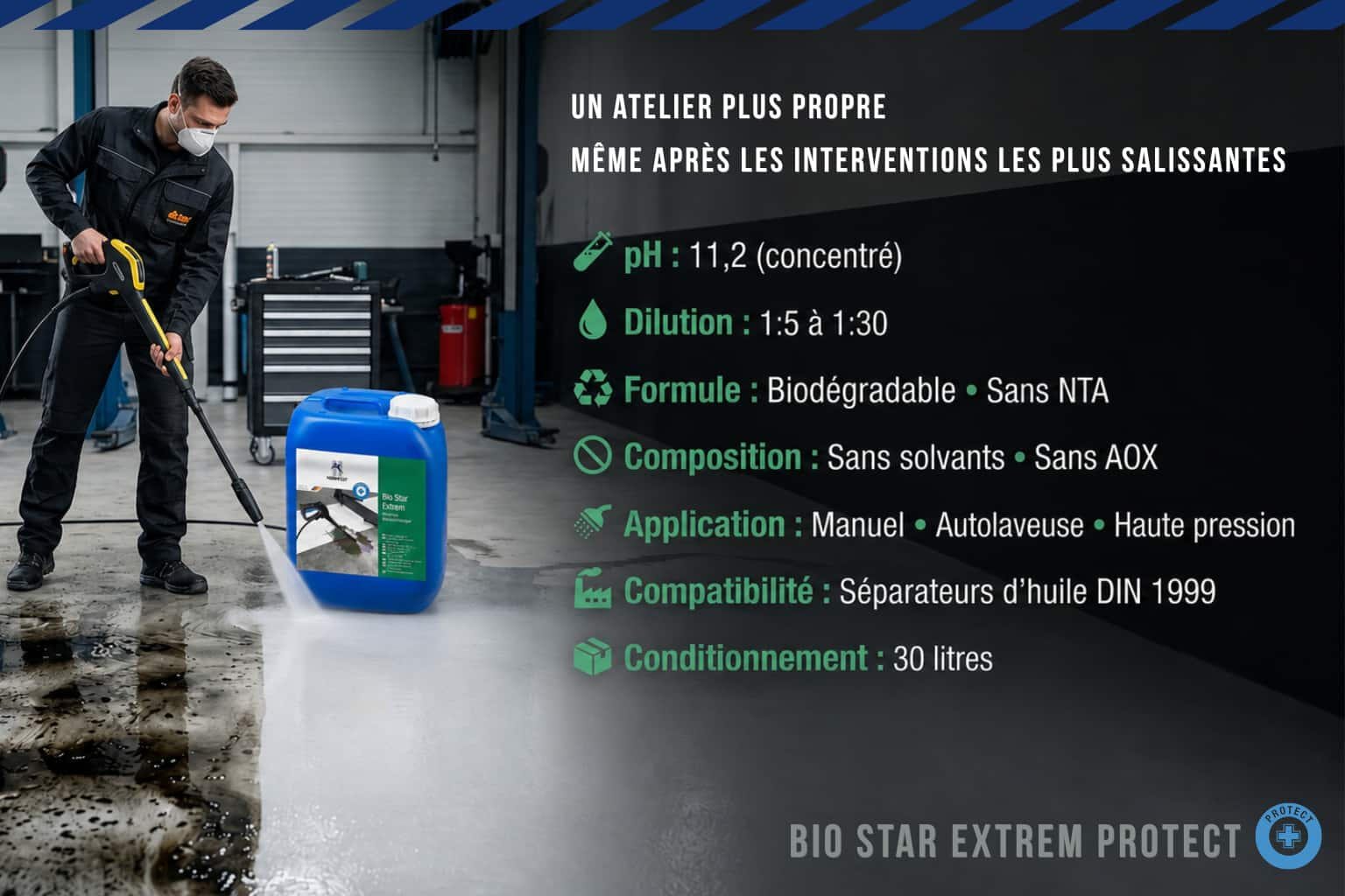 ... Technicien nettoyant le sol d’un atelier automobile avec le nettoyant professionnel Bio Star Extrem Normfest. Dégraissant biodégradable concentré pour garages, compatible nettoyeur haute pression et séparateurs d’huile.
