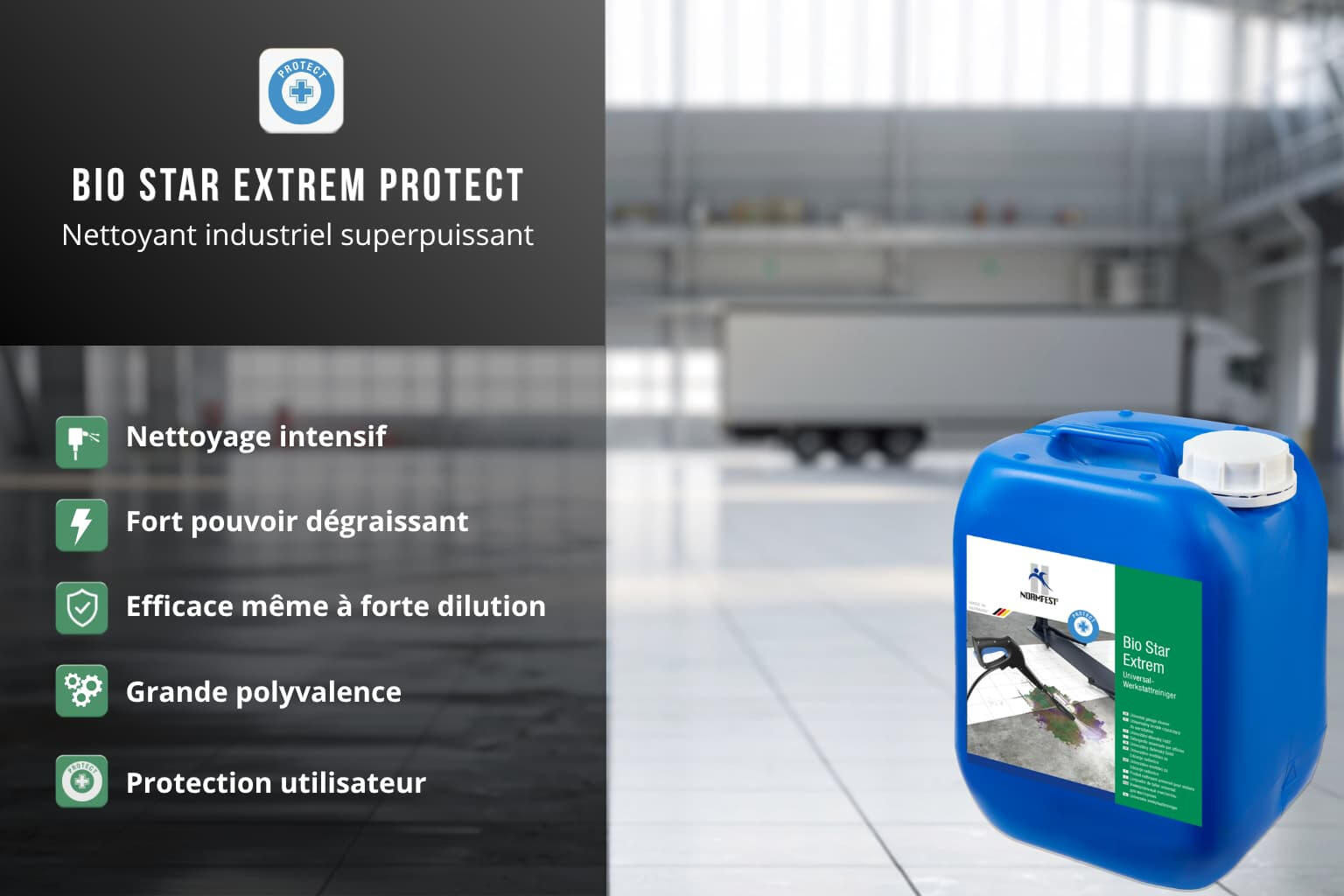 Alt: Bidon bleu de nettoyage industriel « Bio Star Extrem Protect » posé dans un entrepôt vide avec camion en arrière-plan, illustrant un nettoyant superpuissant, dégraissant et polyvalent pour sols industriels